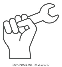 Hand fist hold wrench tool thin line icon, work and labor concept. Vector graphics. Hard work profession sign on white background, outline style icon for mobile or web design