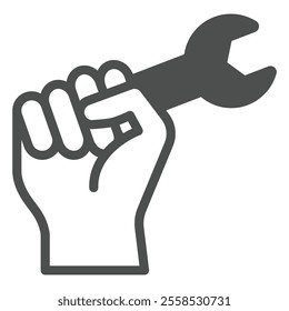 Hand fist hold wrench tool solid icon, work and labor concept. Vector graphics. Hard work profession sign on white background, glyph style icon for mobile or web design