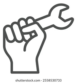 Hand fist hold wrench tool line icon, work and labor concept. Vector graphics. Hard work profession sign on white background, outline style icon for mobile or web design