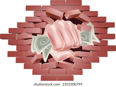 Hand in fist holding cash money dollar bills punching through a red brick wall 