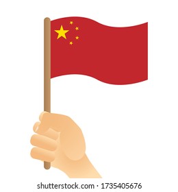 Hand fist holding china flag with stick vector illustration isolated in white color.
