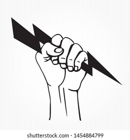 Hand or Fist Holding and Gripping Lightning Bolt Symbol Trendy Style Sign Template for Your Logo - Black on Striped Background - Vector Hand Drawn Design