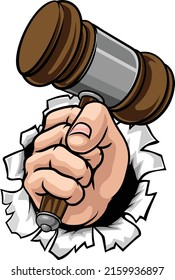 A Hand In A Fist Holding A Judge Hammer Gavel Breaking Through The Background