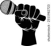 A hand in a fist holding a mic, mike or microphone illustration.