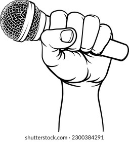 A hand in a fist holding a mic, mike or microphone illustration.