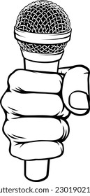 A hand in a fist holding a mic, mike or microphone illustration.