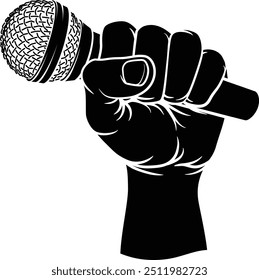 A hand in a fist holding a mic, mike or microphone illustration.