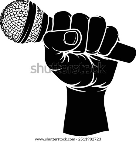 A hand in a fist holding a mic, mike or microphone illustration.