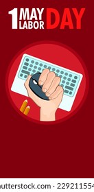 Un puño de mano con un ratón y un teclado en rojo para celebrar el 1ro de mayo. Día Internacional del Trabajo. Día del Trabajo. Ilustración de vectores para las personas que trabajan en la agencia digital y creativa de TI.