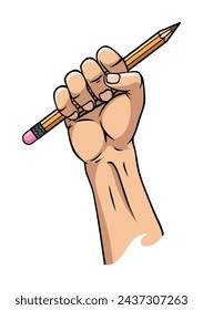 Hand fist holding pencil. Power of art concept. Tools for drawing. Motivation poster tool for drawing. Vector illustration flat style design