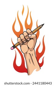 Hand fist holding pencil. Power of art concept. Tools for drawing. Motivation poster tool for drawing. Vector illustration flat style design