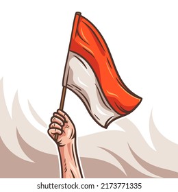 Hand Fist Holding Red and White Indonesia Flag Celebrating Youth Pledge Day or Indonesian Indenpendence Day