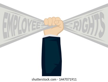 Hand fist holding a ribbon banner with text of employee rights. Concept of employee rights enforcement or employment rules. Flat isolated vector illustration.