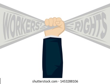 Hand fist holding a ribbon banner with text of workers rights. Concept of employee rights enforcement or employment rules. Flat isolated vector illustration.