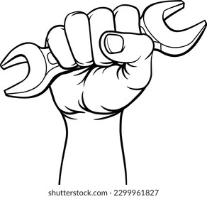 A hand in a fist holding a spanner or wrench illustration.
