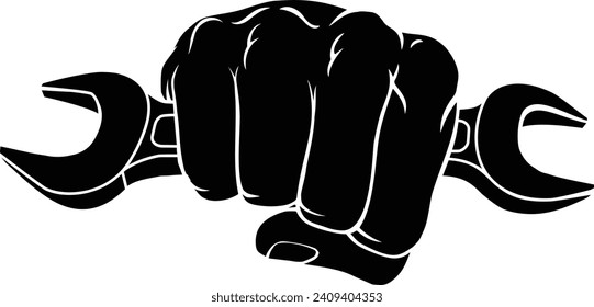 A hand in a fist holding a spanner or wrench illustration.
