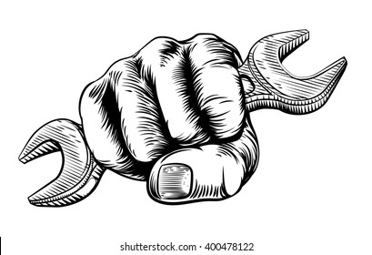 A hand in a fist holding a wrench in a vintage woodcut woodblock etching style