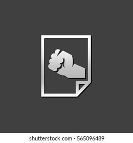 Hand fist icon in metallic grey color style. Vintage propaganda poster