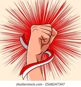 Hand Fist with Indonesian Flag Ribbon. Concept of Youth Pledge