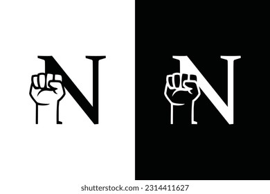 Hand fist and N letter black and white concept. Very suitable in various business purposes also for icon, logo, symbol and many more.
