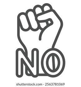 Hand fist with NO letters line icon, stop war concept. Vector graphics. Protest against war sign on white background, outline style icon for mobile or web design