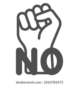 Hand fist with NO letters solid icon, stop war concept. Vector graphics. Protest against war sign on white background, glyph style icon for mobile or web design