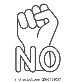 Hand fist with NO letters thin line icon, stop war concept. Vector graphics. Protest against war sign on white background, outline style icon for mobile or web design