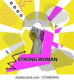 Hand in fist as pop art abstract modern style. I can do it. Be strong. Feminism Protest sign on grey rays sun background. Vector illustration