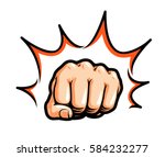 Hand, fist punching or hitting. Comic pop art, symbol. Vector illustration