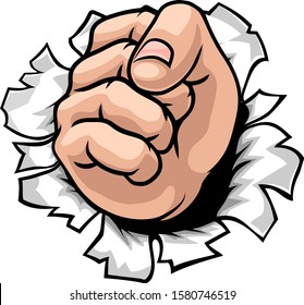 A hand in a fist punching through the background cartoon illustration