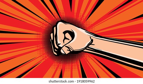 Hand fist. Raised arm fist with comic background. Hand up vector icon flat symbol. Winner fist vector sign concept