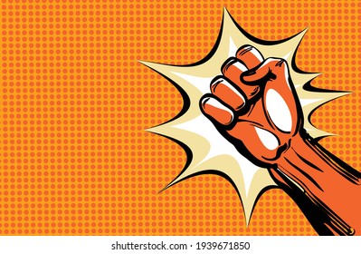 Hand fist. Raised arm fist with comic background. Hand up vector icon flat symbol. Winner fist vector sign concept