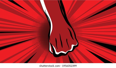 Hand fist. Raised arm fist with comic background. Hand up vector icon flat symbol. Winner fist vector sign concept