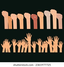 hand with a fist raised up. open Hands up vector illustration.with different skin color Holding fists up hands.vector illustration