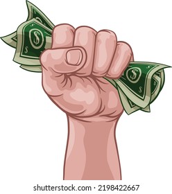 A hand in a fist squeezing cash money dollar bills. In a comic book pop art cartoon illustration style svg