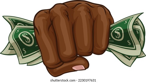 A hand in a fist squeezing cash money dollar bills. In a comic book pop art cartoon illustration style svg