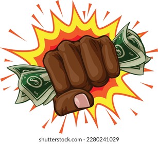 A hand in a fist squeezing cash money dollar bills. In a comic book pop art cartoon illustration style. With an explosion in the background