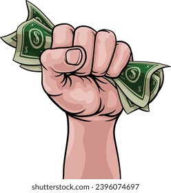 A hand in a fist squeezing cash money dollar bills. In a comic book pop art cartoon illustration style