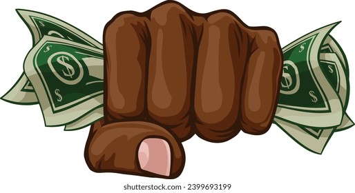 A hand in a fist squeezing cash money dollar bills. In a comic book pop art cartoon illustration style
