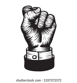Hand fist in woodcut style drawing. Vector illustration.