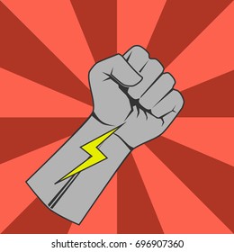 Hand with fist, yellow zipper. vector illustration