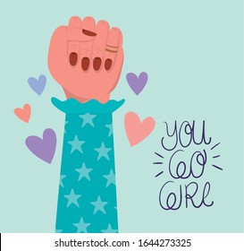 Hand fist and you go girl design of Women empowerment female power feminist people gender feminism young rights protest and strong theme Vector illustration
