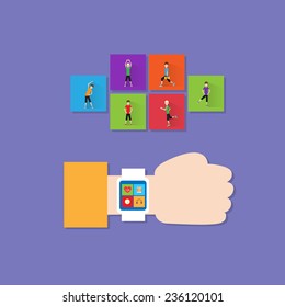 hand fitness tracker wrist sport bracelet man wear smart watch flat icon vector illustration