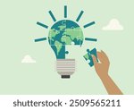 hand fitting a puzzle piece shaped like Earth into a lightbulb, symbolizing collaborative solutions for a sustainable future	