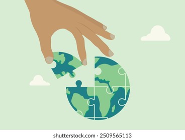 hand fitting a puzzle piece shaped like Earth into a puzzle, symbolizing global unity and cooperation for a sustainable future	