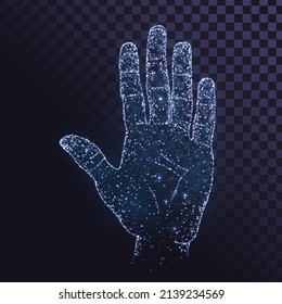 Hand with five fingers made of blue sparks or stars on transparent background