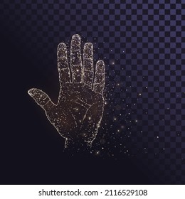 Hand with five fingers made of golden sparks on transparent background
