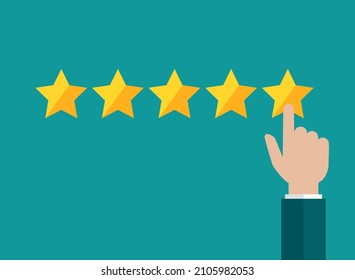 Hand with five golden stars. Giving rating. Ranking business or service. Feedback, reputation and quality assessment concept