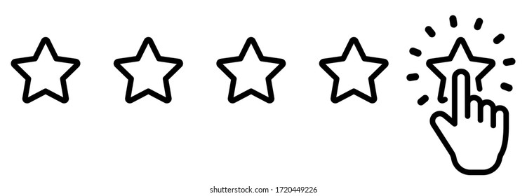Hand five stars rating line symbol. Feedback five stars. Human hands put rating 5 star. Classification and user feedback concept. Five stars quality rating icon - stock vector.
