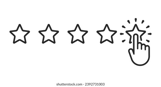 Hand five stars rating line symbol. Feedback five stars. Human hands put rating 5 star. Classification and user feedback concept. Five stars quality rating icon